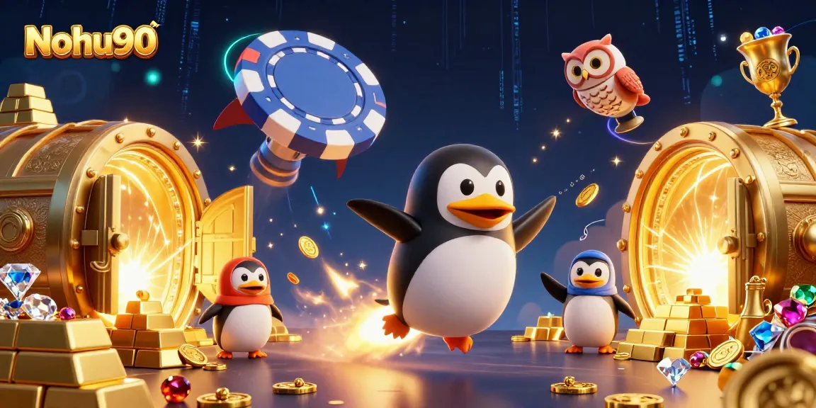 Nohu90 offers exciting jackpot adventures alongside a golden penguin in space.