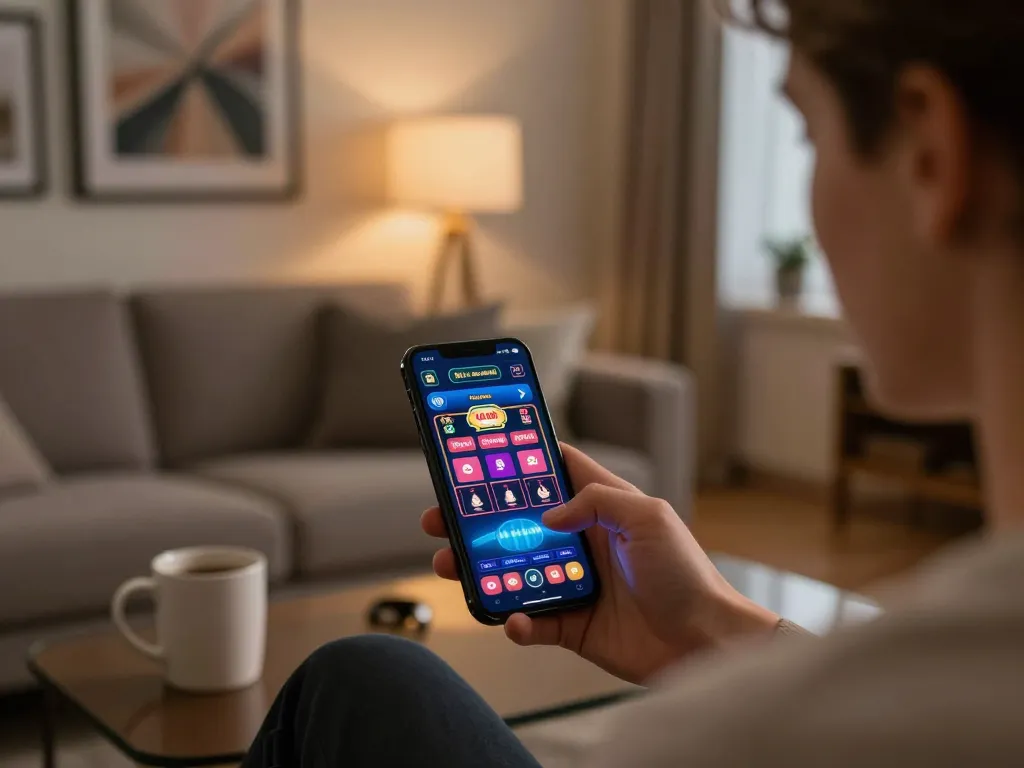 Tic 88 gaming experience with person engaged in online betting using a mobile app in a cozy living room.
