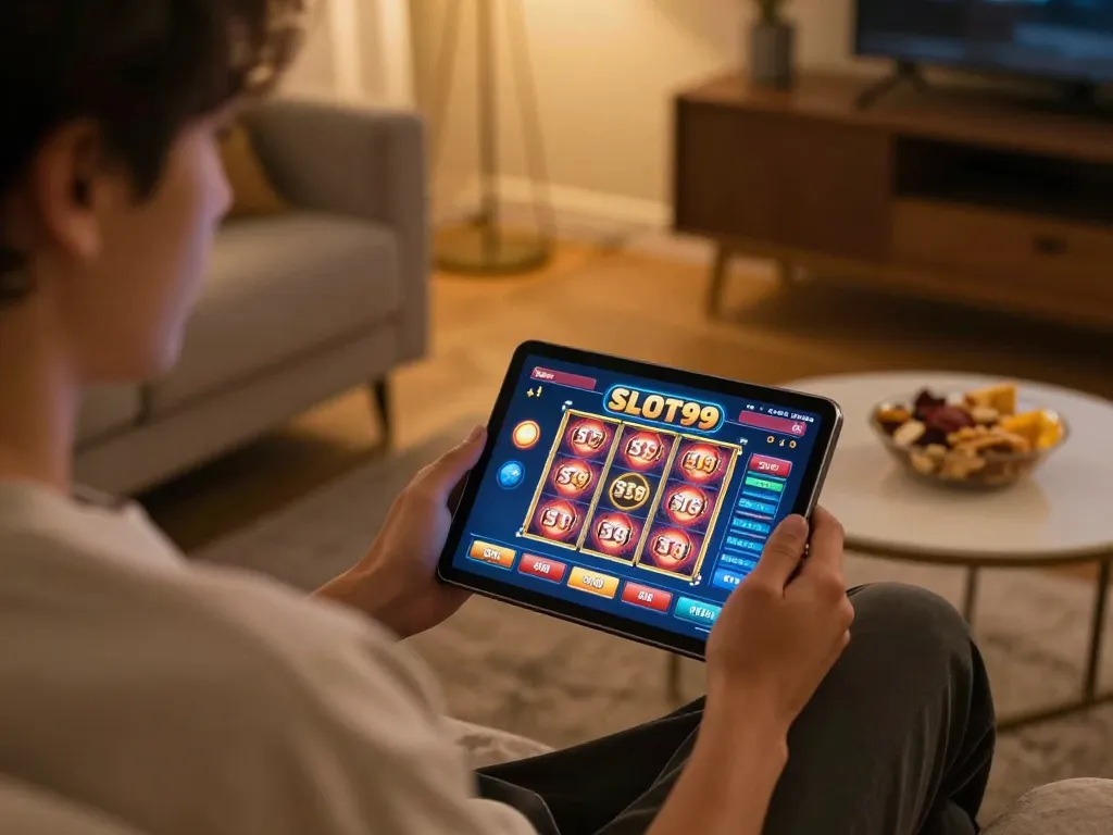 SLOT99 gaming with a person on a tablet showcasing a user-friendly online slot interface