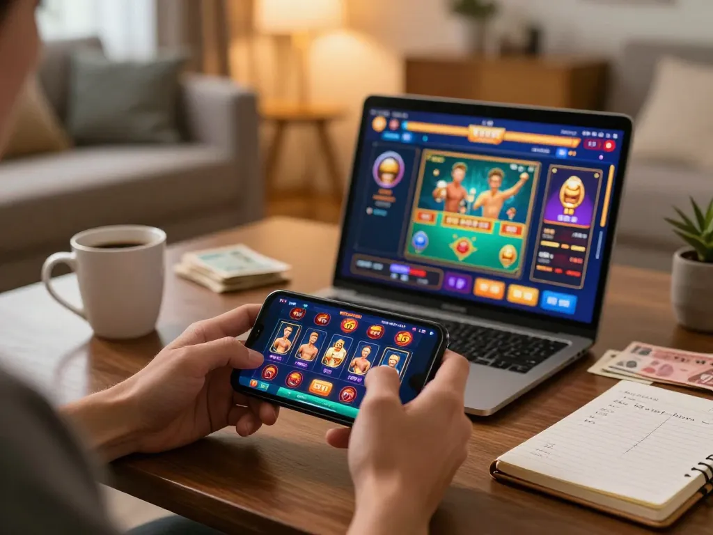 Engaged player enjoying online casino games on their smartphone with pinoy 365 interface visible.