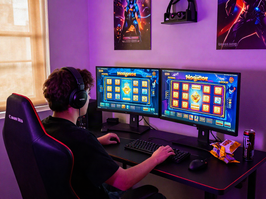 Excited player immersed in slot gacor gaming experience at a vibrant gaming desk.