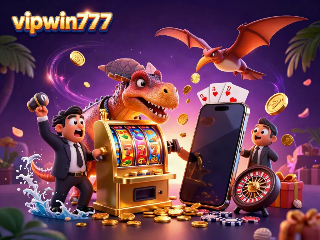 Experience thrilling wins at vipwin777 as dinosaurs engage with a vibrant casino scene.