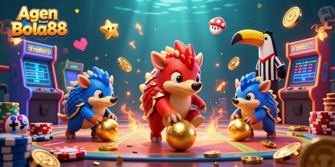 Agen Bola Resmi Bola88 features vibrant pangolins in armor bowling through poker chips, capturing the excitement of sports betting.