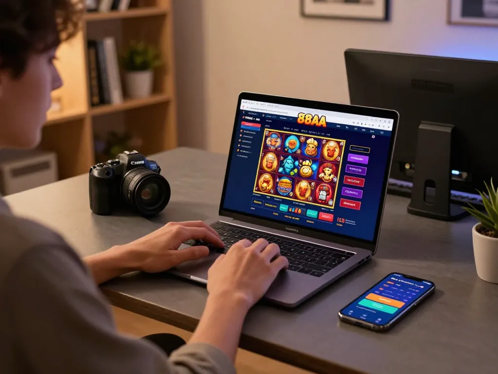 Engaging with 88AA online casino on a sleek laptop during a cozy gaming night.