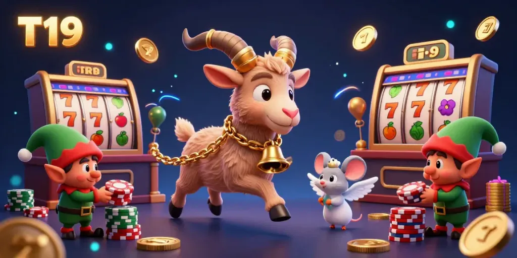 T19 transforms into a lively jackpot casino scene, featuring a Krampus goat and mischievous elves.