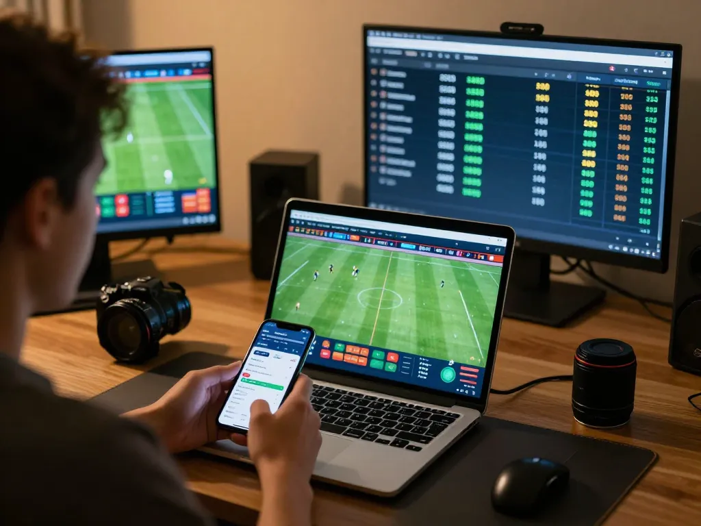 Engaging in live sports betting on Kèo nhà cái 88 with laptop and smartphone at dedicated gaming setup