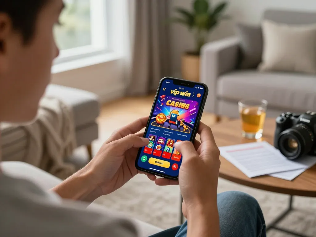 Engaged player using the vipwin app for mobile gaming, showcasing vibrant gameplay and strategy notes.