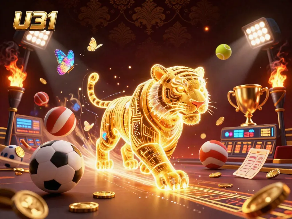 Experience thrilling gameplay with U31, featuring a glowing tiger and vibrant sports elements in a detailed casino.
