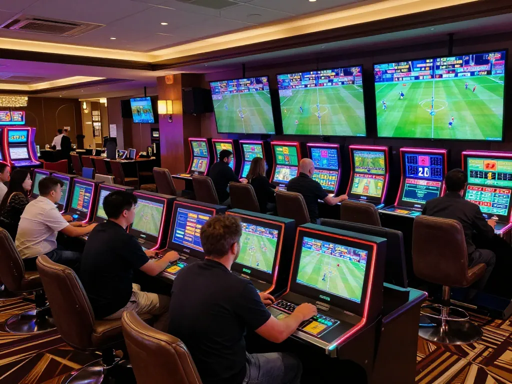 Dynamic live sports betting scene at nhà cái 8xbet, showcasing engaging bettors and vibrant screens displaying events