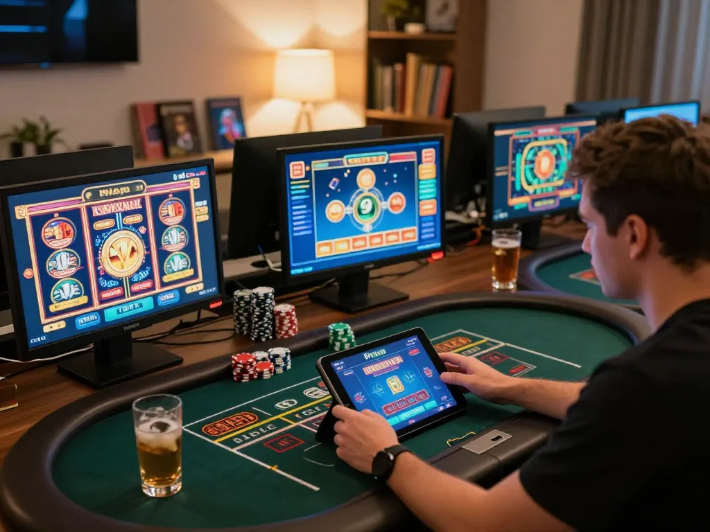 Engaged player using the PhTaya app on tablet, surrounded by strategy notes and chips.