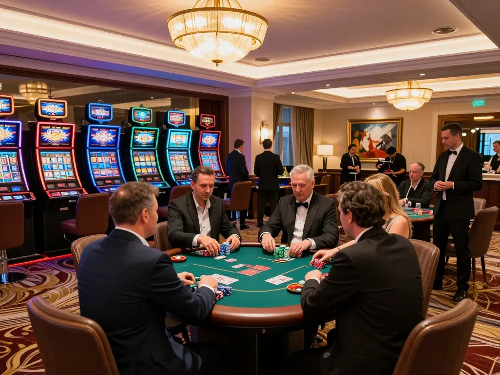 Exciting poker players at a luxurious casino, with g28tv features prominently displayed