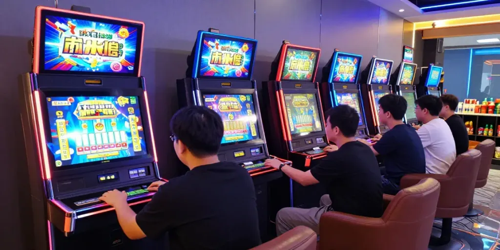 Pengunjung memainkan mesin mahjong slot di lounge game yang cerah.
