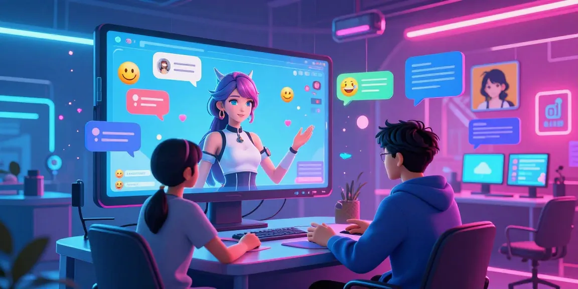 A vibrant depiction of a user interacting with a hentai ai character in a futuristic chat room environment showcasing colorful digital elements.