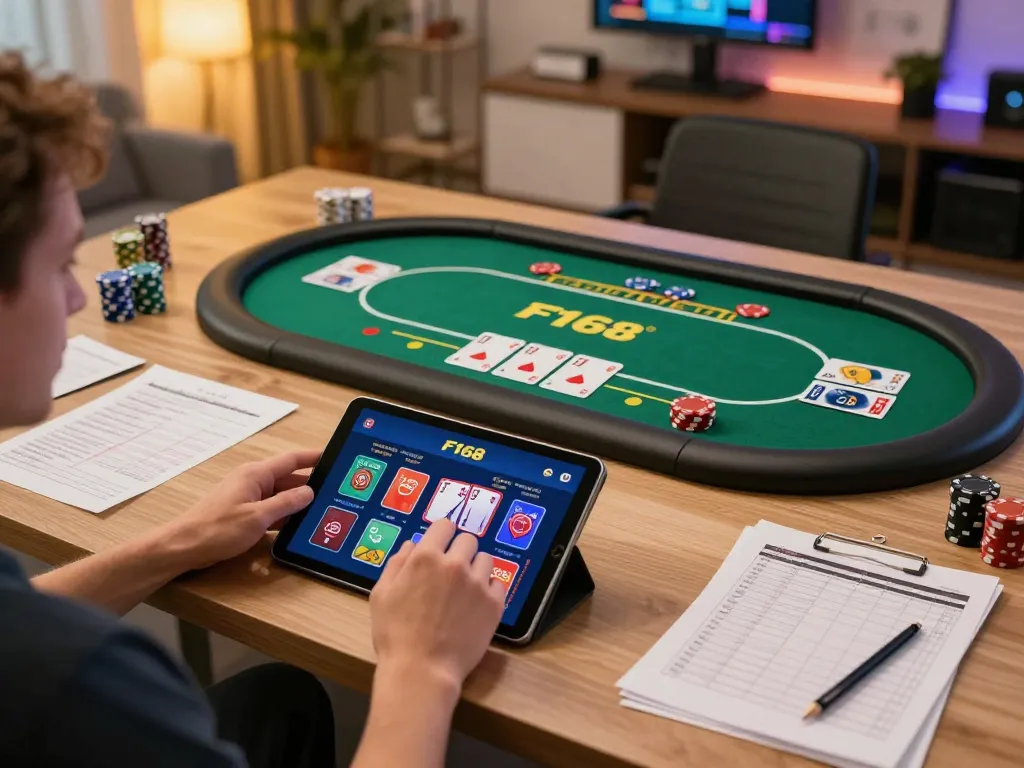 F168 player enjoying poker game on tablet with strategic notes in cozy setup