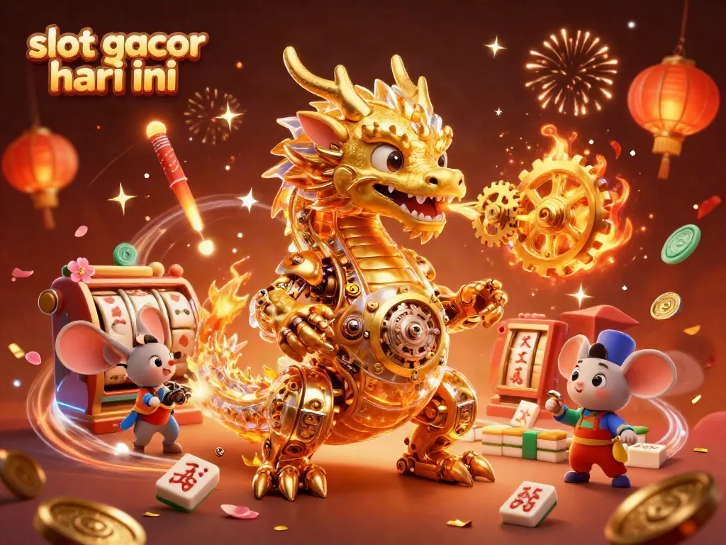 Ilustrasi 3D menampilkan slot gacor hari ini dengan naga emas dan elemen kasino lainnya.