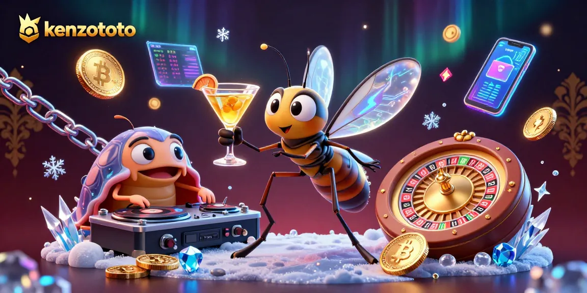 Engage with kenzototo's lively casino atmosphere featuring a frozen mosquito mascot, trilobite DJ, and golden roulette wheel.
