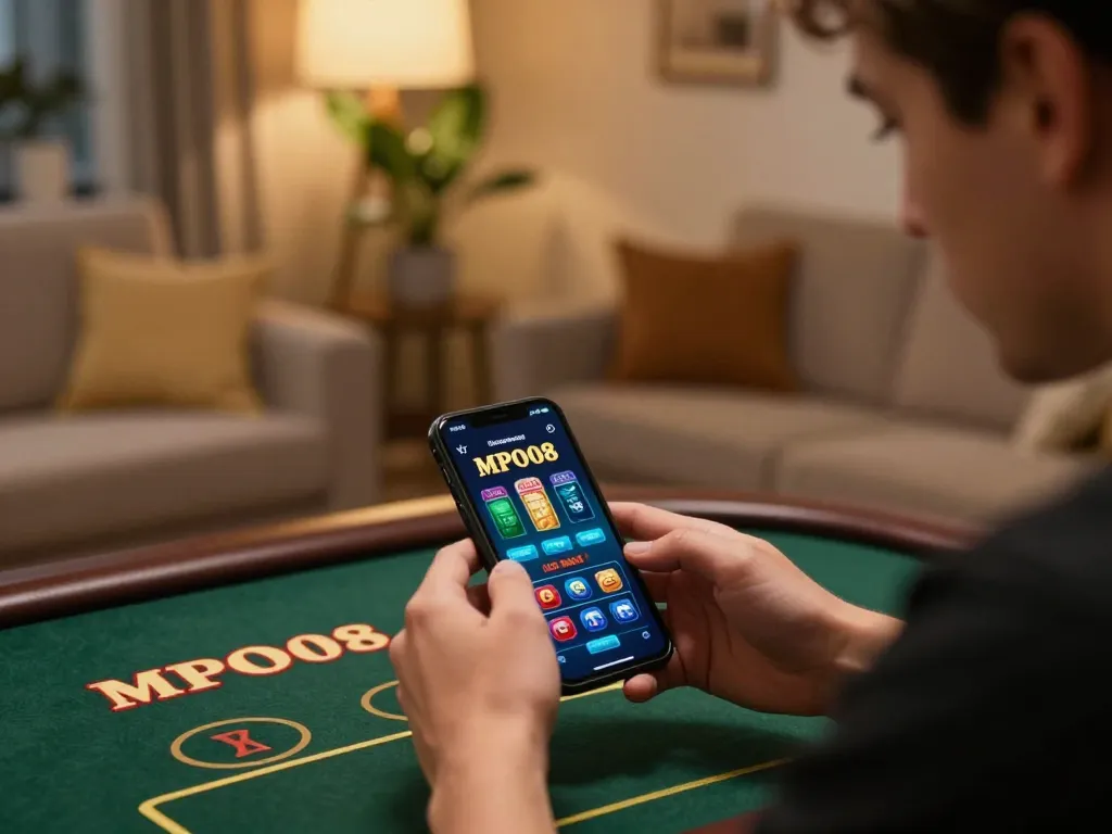 Player engaging with MPO08 app on smartphone, immersed in online gambling at home.