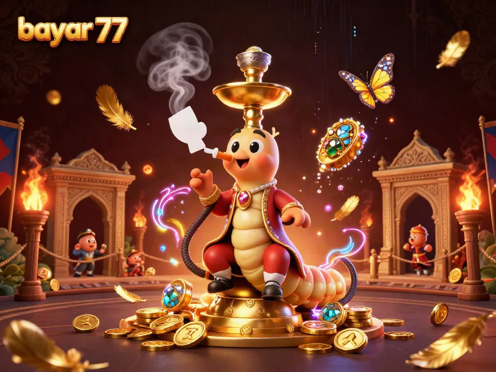 Engage with the vibrant world of bayar 77 gaming featuring a whimsical caterpillar character and dynamic casino elements.