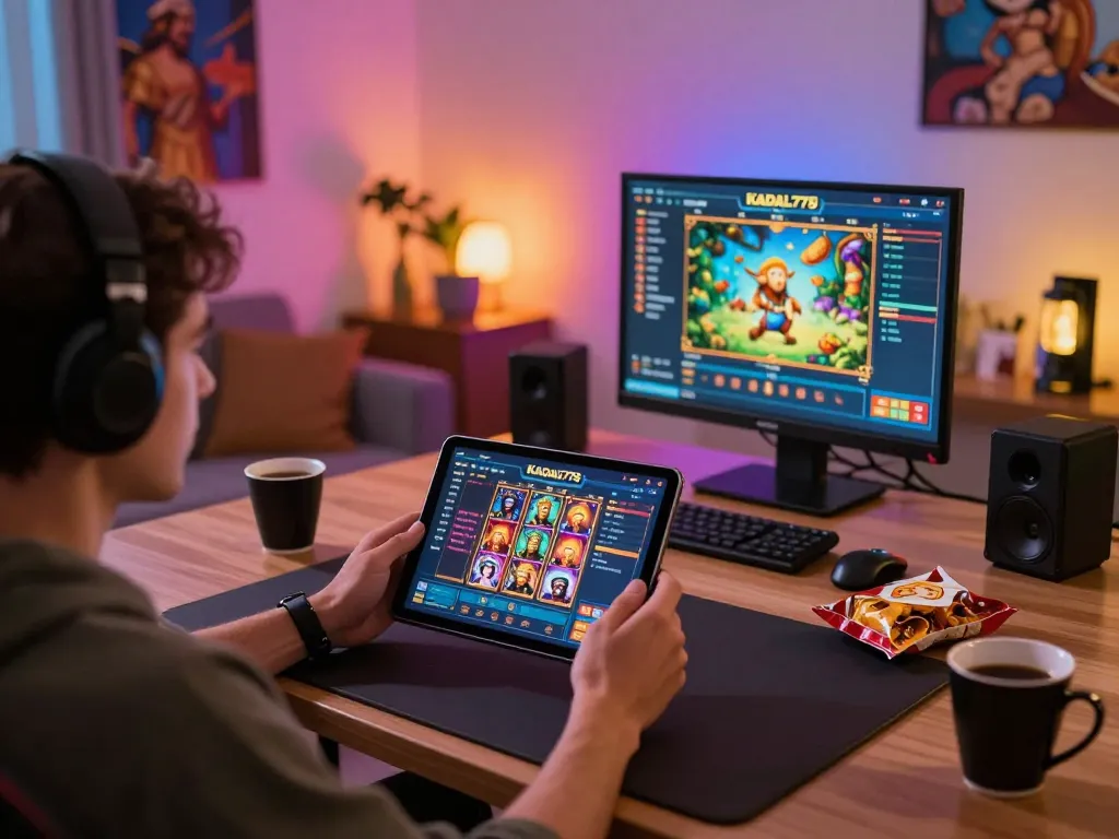 KADAL778 player engaging with Greek mythology-themed online slots, showcasing an inviting home gaming setup.