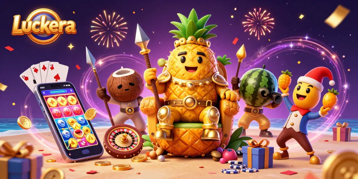 Luckera brings festive energy to a vibrant casino scene featuring a pineapple king and rich gaming elements.