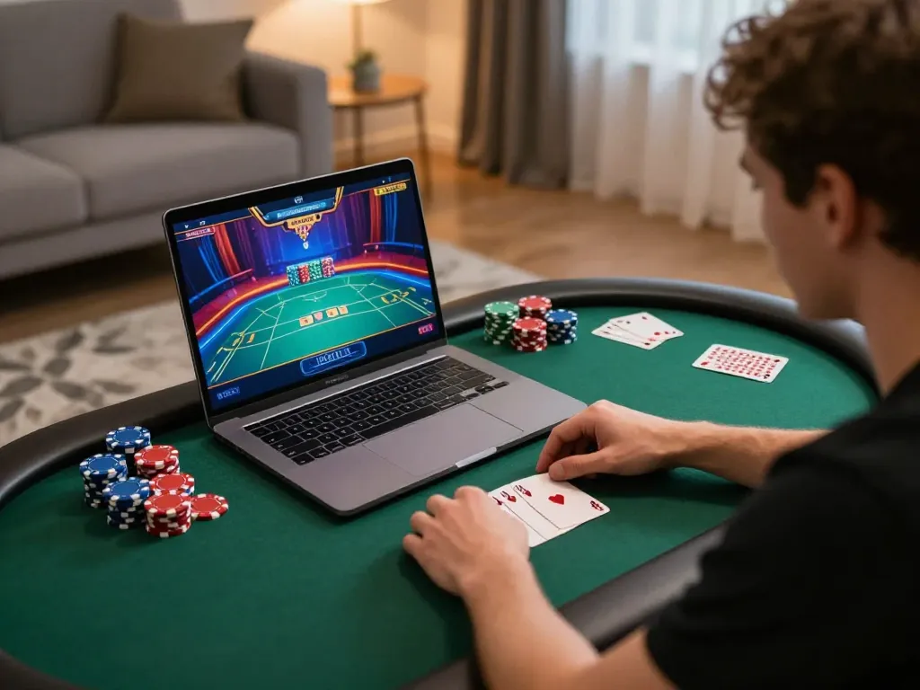 RR88 player strategizing at home during an online poker game on laptop
