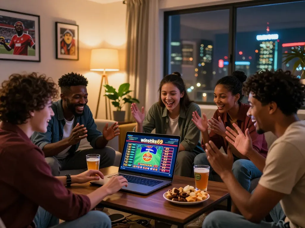 Friends enjoying time together on winstrike69 online casino platform with snacks and gaming elements in a cozy setting.