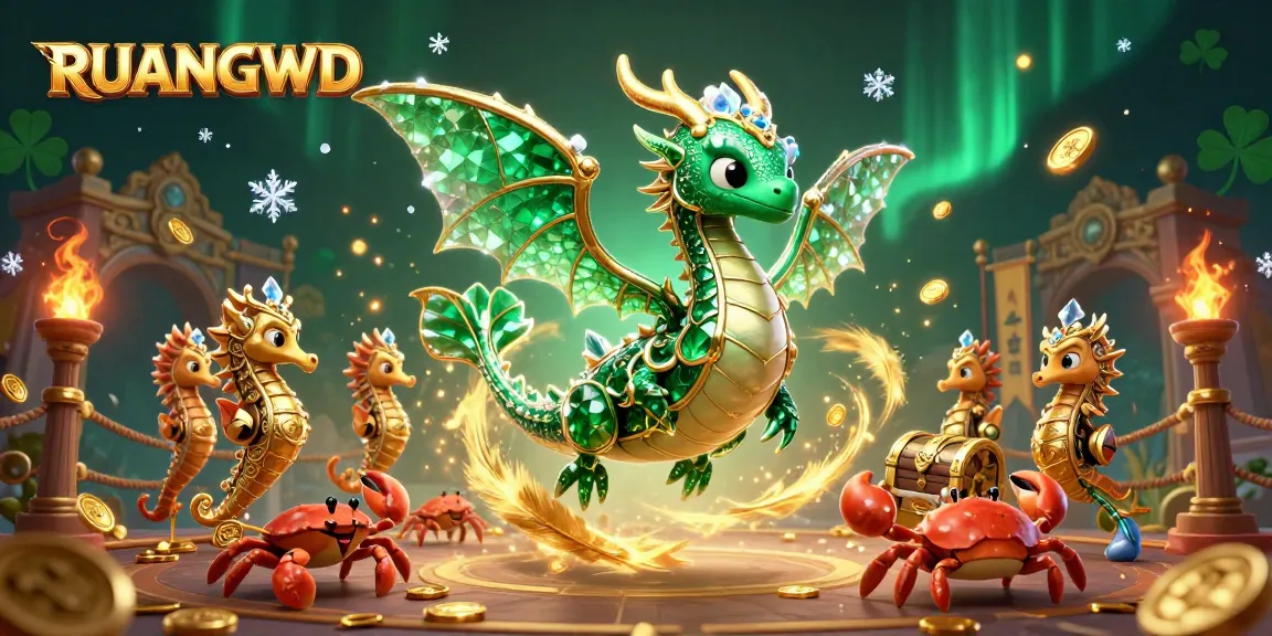 Engage with RUANGWD's exciting slots using emerald dragon and elegant seahorse in vibrant casino scene.