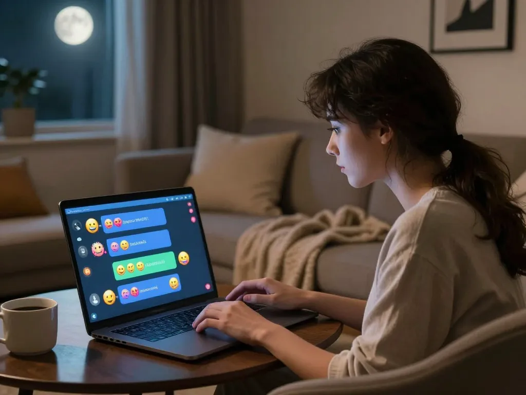 Engaging interaction with an NSFW AI character on a laptop in cozy living room ambiance.