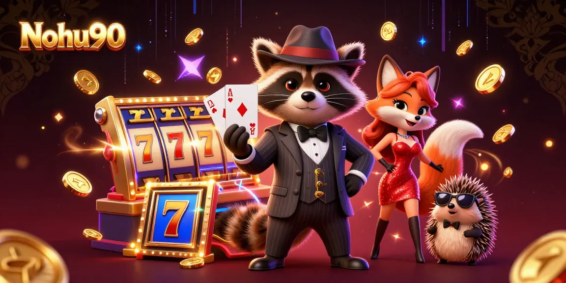 Nohu90 showcases lively 3D casino scene with cartoon characters and exciting jackpot elements.
