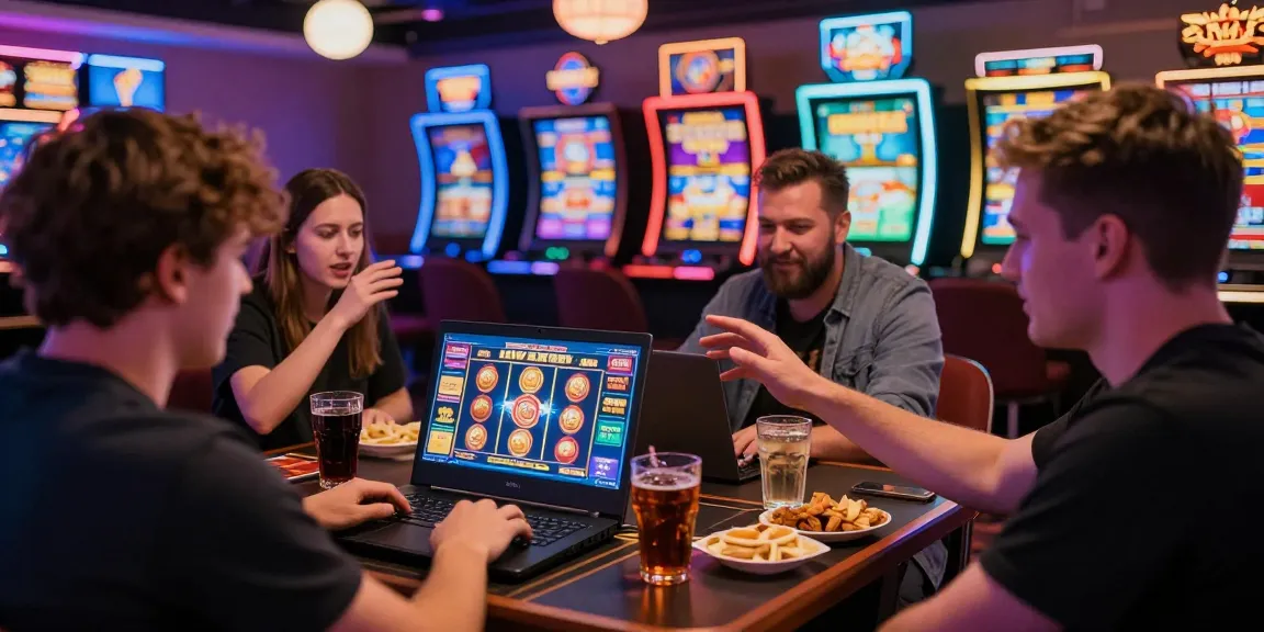Exciting scene of friends enjoying bonus buy slots uk at online casino.