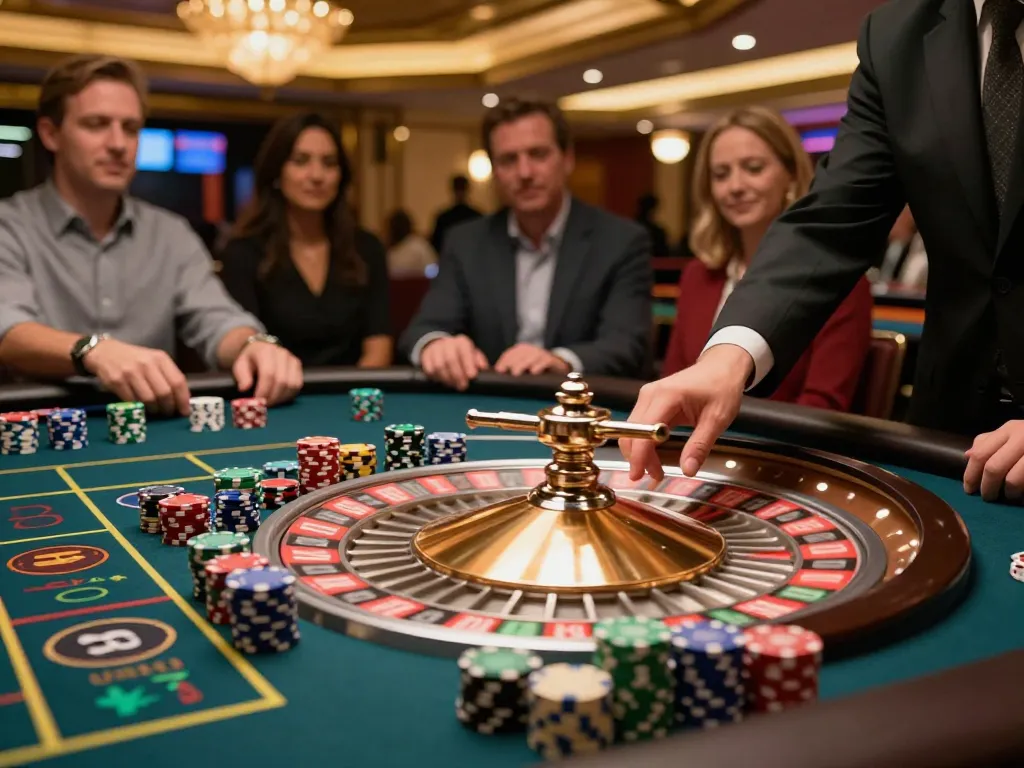 Ini adalah adegan yang penuh warna menampilkan seorang pemain bertaruh di meja roulette, menunjukkan kegembiraan berjudi di https://www.theinsurancem.com/can-you-sell-insurance-from-home/ dengan chip