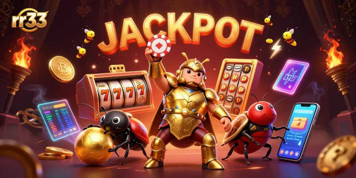 Experience the thrill of rr33 with a victory scene, showcasing a beetle hero and vibrant casino elements.
