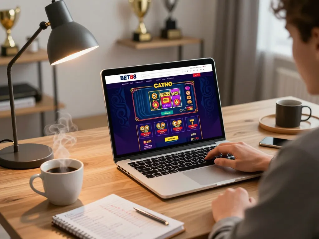 Player engaging with BET88 online casino on laptop, showcasing responsible gaming strategies in a cozy home setup.
