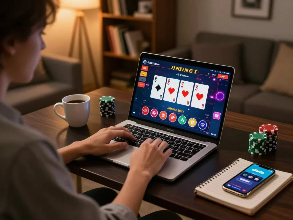 Engaging with the okwin online casino app while seated in a cozy gaming environment.