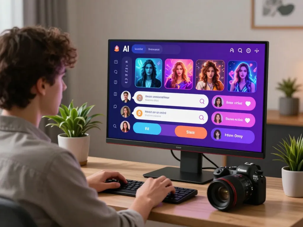 Vibrant ai sex chat interface engaging users with customizable avatars in a cozy home office.