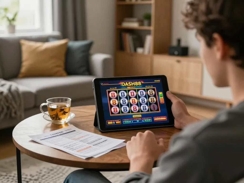 Engage in online slots gameplay for dash88 in a cozy home environment with strategy notes.