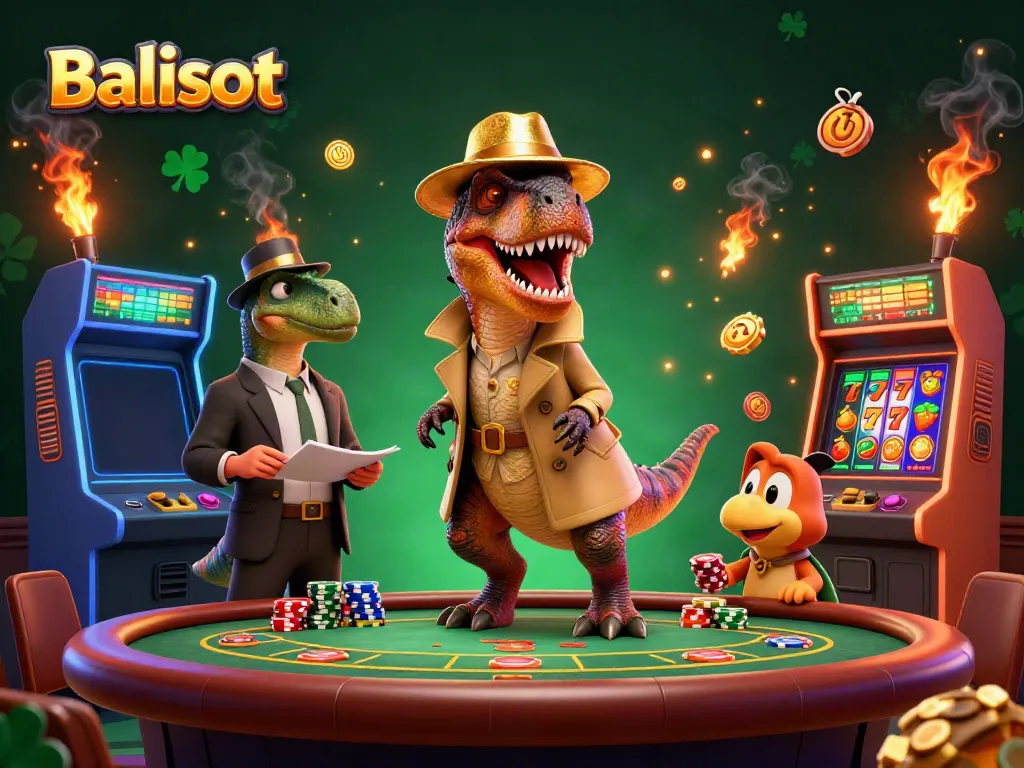 Balislot cartoon illustration of a velociraptor card counter at a blackjack table, showcasing vibrant gambling elements.