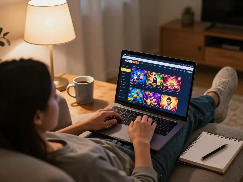 KONG88 player enjoying online gaming session on laptop in a cozy home setting