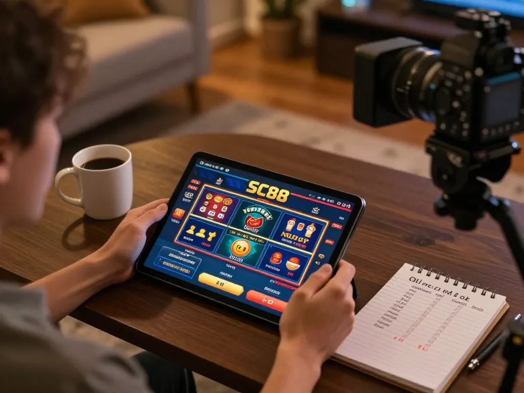 Engaging with SC88 online casino interface on a tablet in a cozy home setting.