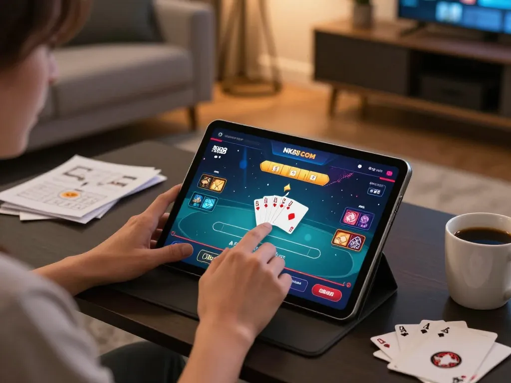 Engaging with NK88 COM app for online poker on a tablet, showcasing strategic gameplay.