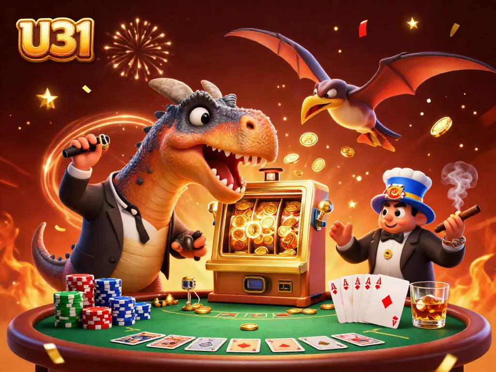 Experience a thrilling U31 jackpot win with vibrant 3D characters celebrating in a casino.