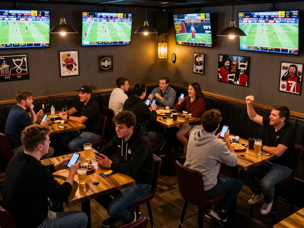 Engaged bettors at F168 placing wagers on games at a lively sports bar setting
