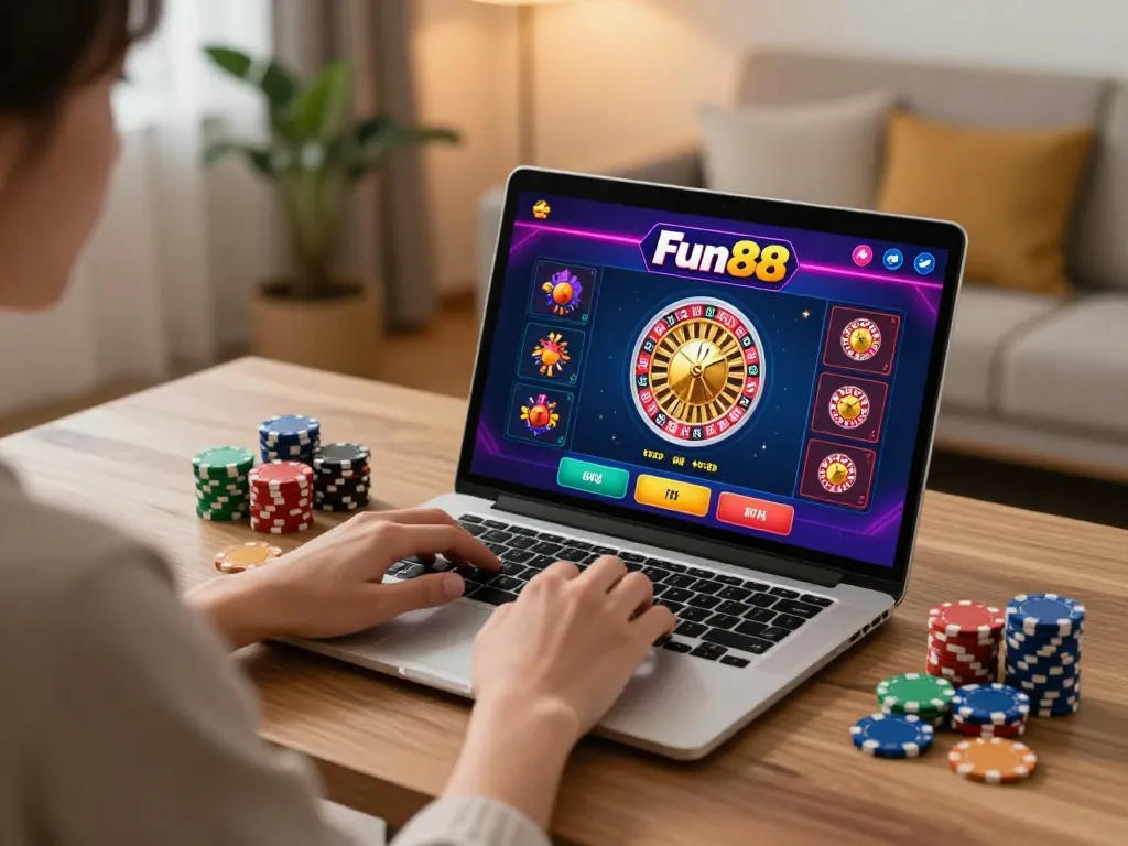 Play Fun88 games on a laptop in a cozy home setting with colorful roulette interface