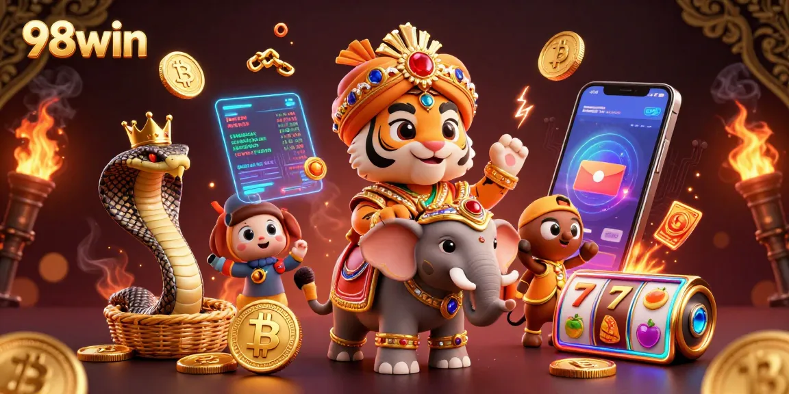 Engage with 98win featuring a majestic tiger and elephant in a vibrant casino scene.