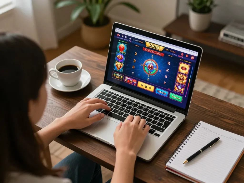 Player engaging with RR88 online casino interface in a cozy home setting with strategy notes.