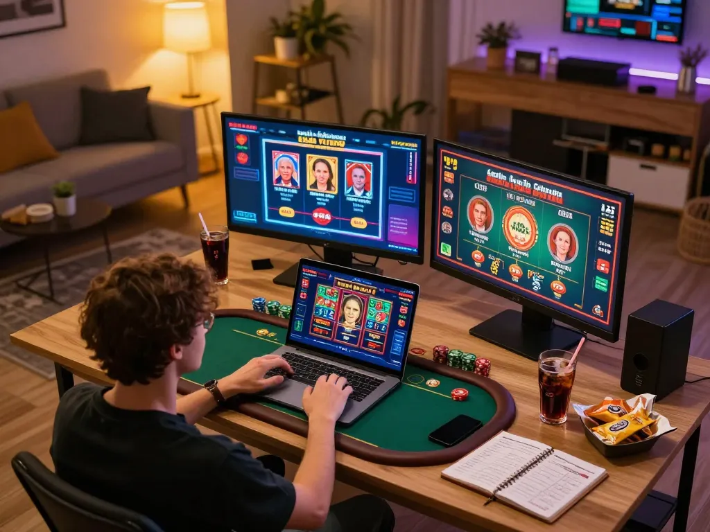 Player enjoying online casino games on laptop at home, showcasing o8's engaging platform.