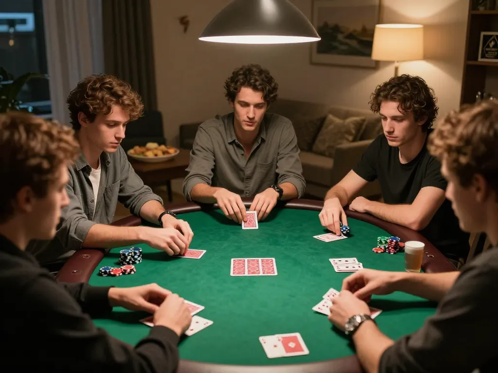 aa88i players enjoying a friendly poker game night with chips and cards on green felt table.