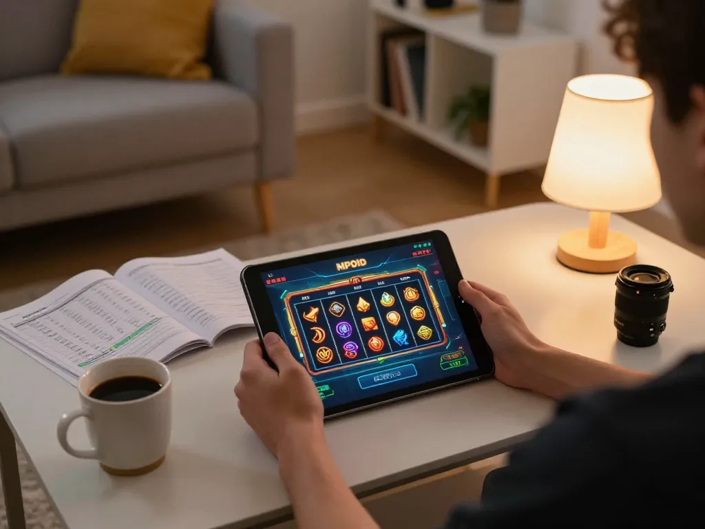 MPOID player engaged in interactive online gaming with dynamic reels on tablet.