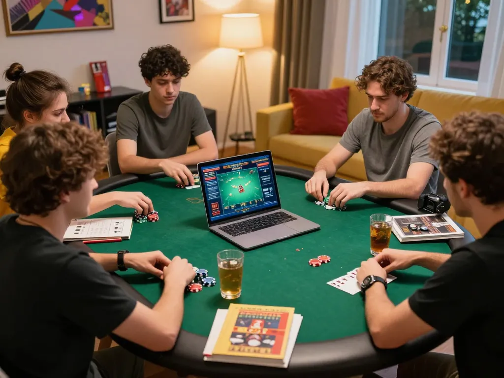 Engaged players using NEGO77 while strategizing poker bets in a cozy home setting