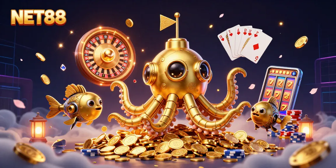 NET88 showcases a golden kraken submarine amidst cascading coins, vibrant gameplay elements in a casino flood.